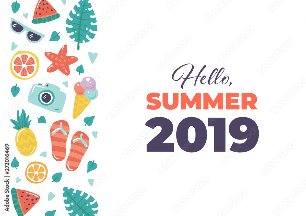 Obraz premium Vector summer beach banner template. Vertical border frame of flat cartoon starfish, leaf, fruit and travel equipment icons and text 