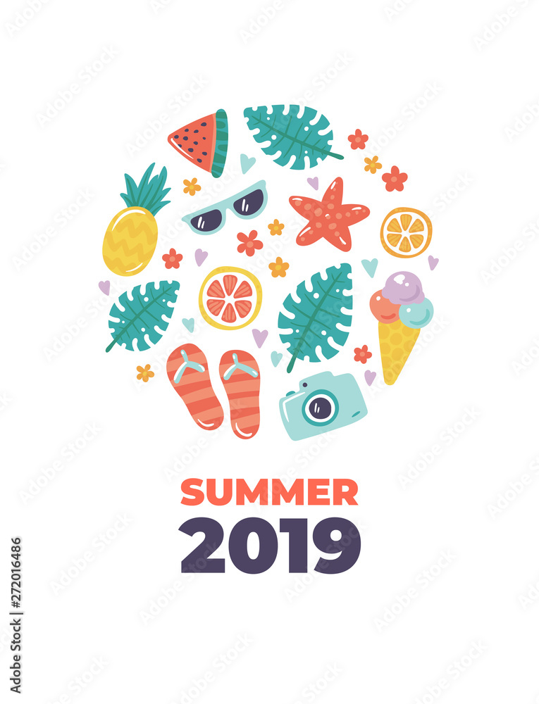 Vector summer beach banner template. Circle frame of flat cartoon ice cream, fruits and travel vacation equipment icon and text 