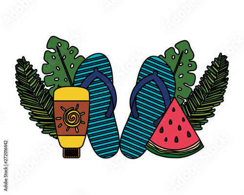 solar blocker bottle with flip flops and watermelon
