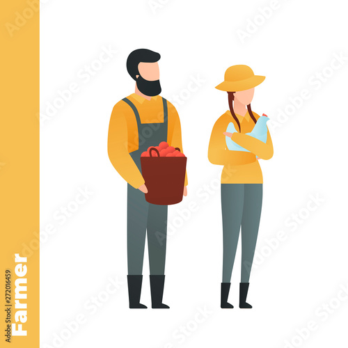 Trendy flat family character vector cartoon illustration. Set of male and female farmer couple standing isolated on white background. Working cloth, basket of tomato, chicken on hands. Organic farm.
