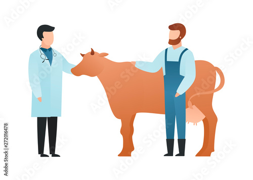 Trendy flat farmring character vector cartoon illustration. Male farmer visit veterinarian for an examination of a cow isolated on white background. Working cloth, coat, animal. Organic farm concept.
