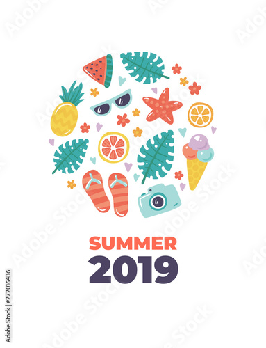 Vector summer beach banner template. Circle frame of flat cartoon ice cream, fruits and travel vacation equipment icon and text "hello summer 2019" isolated on white background.