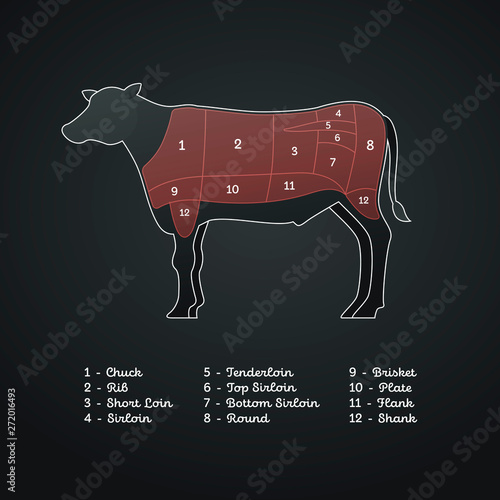 Vector beef steak diagram poster. American meat cutting. White modern style cow silhouette with markup. Red color zone highlighting, number and transcript below. Design for cafe menu, decor poster.