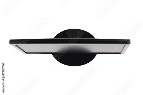 Single blank monitor for desktop computer or tv with black plastic frame isolated on white background. Top view