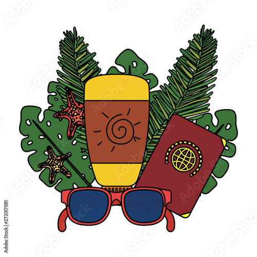 solar blocker bottle with sunglasses and passport