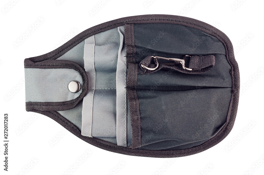 Naklejka premium One empty textile black color bag for industrial tools with many compartments isolated on white background