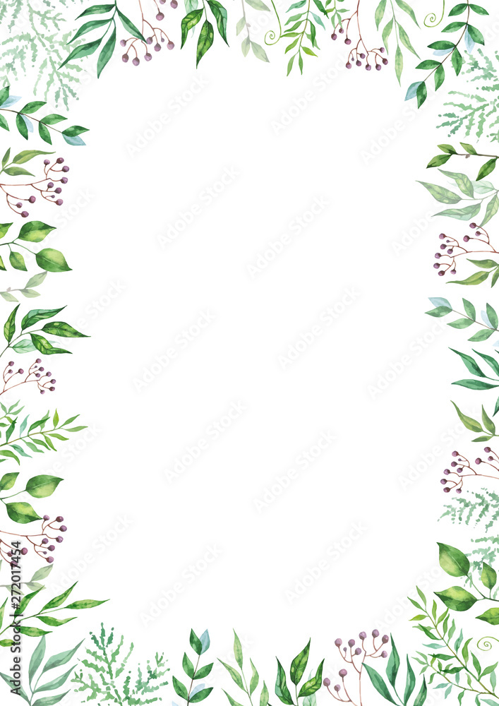 Herbal mix vector frame. Hand painted plants, branches and leaves on white background. Natural card design.