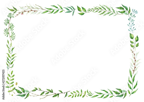 Herbal mix vector frame. Hand painted plants, branches and leaves on white background. Natural card design.