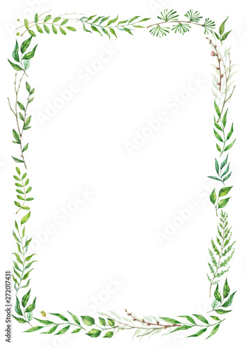 Herbal mix vector frame. Hand painted plants  branches and leaves on white background. Natural card design.
