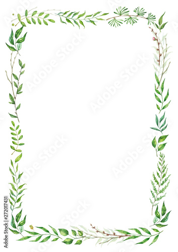 Herbal mix vector frame. Hand painted plants, branches and leaves on white background. Natural card design.