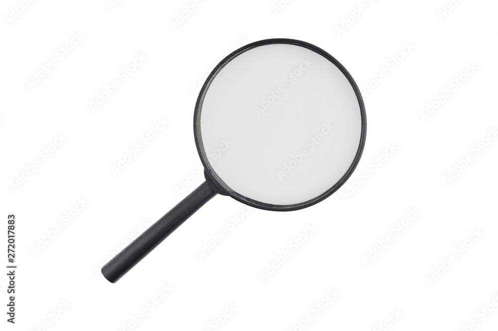 One circle transparent glass magnifier with black plastic frame and handle isolated on white background One circle transparent glass magnifier with black plastic frame and handle isolated on white background