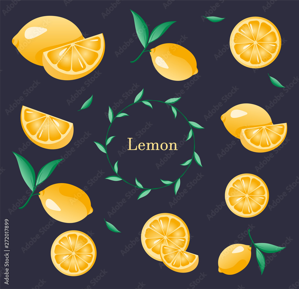 Set of whole, cut in half, sliced on pieces fresh lemons, leaves, lemon peel hand drawn vector illustration isolated on dark background. Bright juicy citrus fruit collection. Set of whole, cut in half, sliced on pieces fresh lemons, leaves, lemon peel hand drawn vector illustration isolated on dark background. Bright juicy citrus fruit collection.