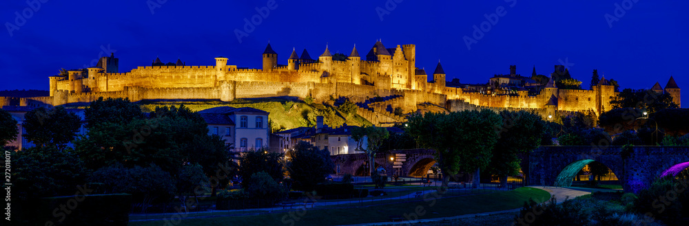Illuminated Carcassonne castle at night, Carcassonne, France