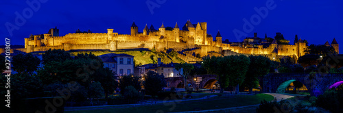 Fotografie Illuminated Carcassonne castle at night, Carcassonne, France