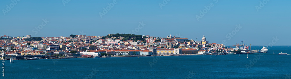 Scenic panoramic view of the city of Lisbon skyline and the Tejo river, in Portugal.