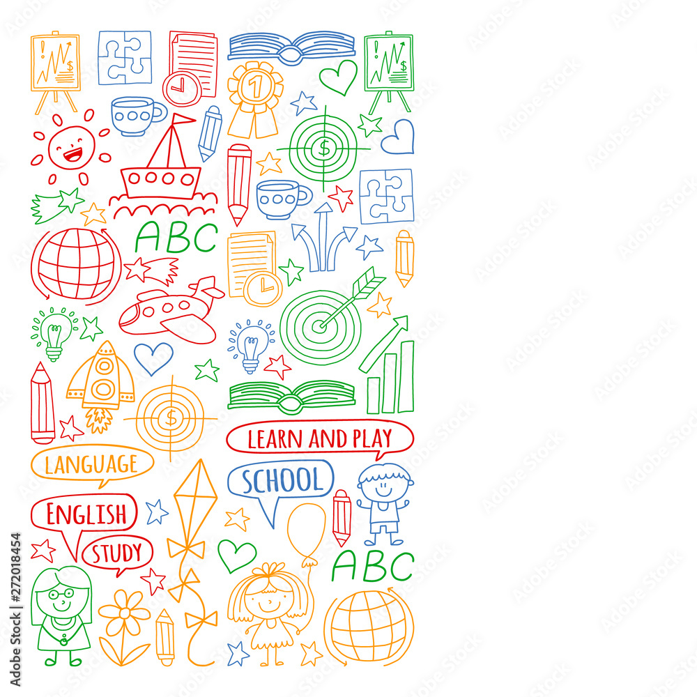 Vector set of learning English language, children's drawing icons in doodle style. Painted, colorful, pictures on a piece of paper on white background. Vector set of learning English language, children's drawing icons in doodle style. Painted, colorful, pictures on a piece of paper on white background.