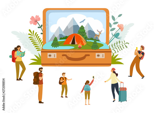 Summer camp, camping, travel, tourism with open suitcase and miniature people, modern flat style. Vector illustration.