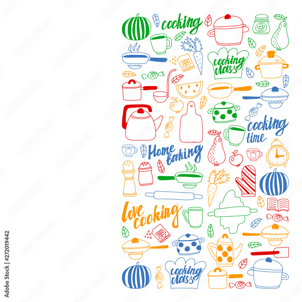 Vector set of children's kitchen and cooking drawings icons in doodle style. Painted, colorful, pictures on a piece of paper on white background.