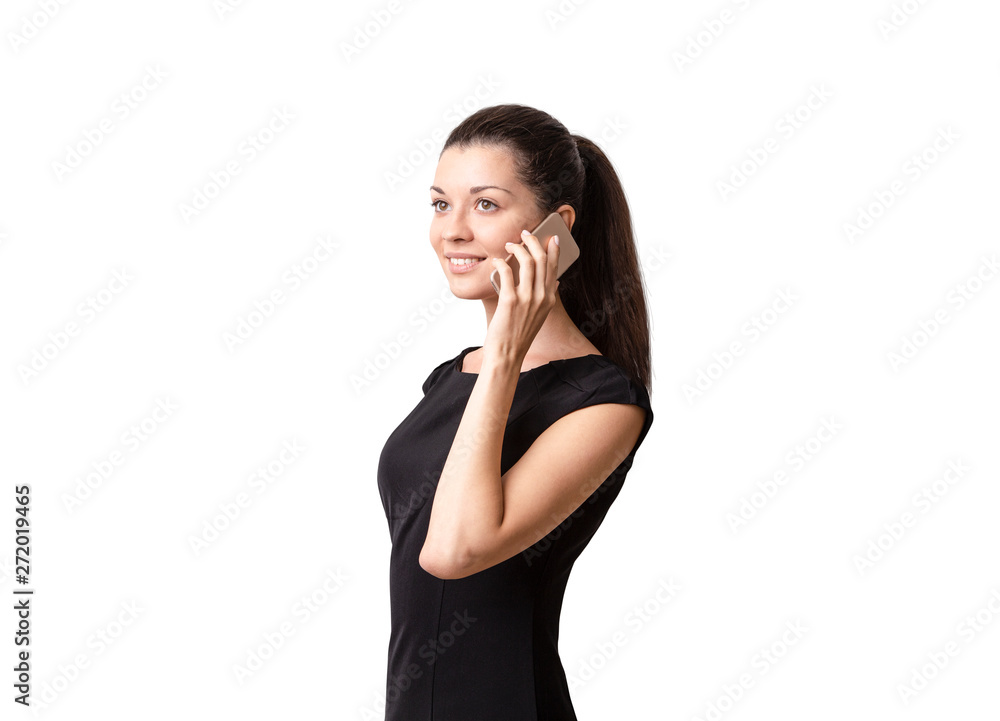 Smiling smart casual woman talking on phone Smiling smart casual woman talking on phone
