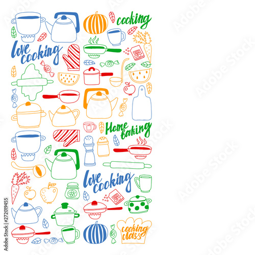Vector set of children s kitchen and cooking drawings icons in doodle style. Painted  colorful  pictures on a piece of paper on white background.