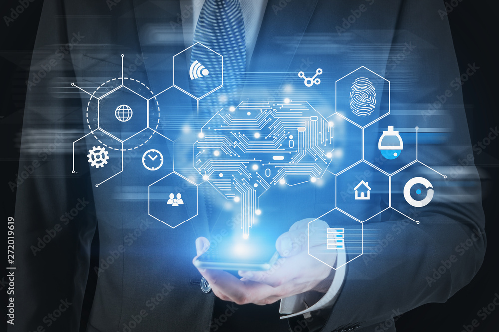 Man in suit with phone, AI concept Man in suit with phone, AI concept