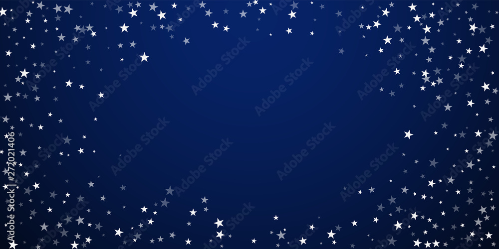 Random falling stars Christmas background. Subtle flying snow flakes and stars on dark blue night background.  - obrazy, fototapety, plakaty 