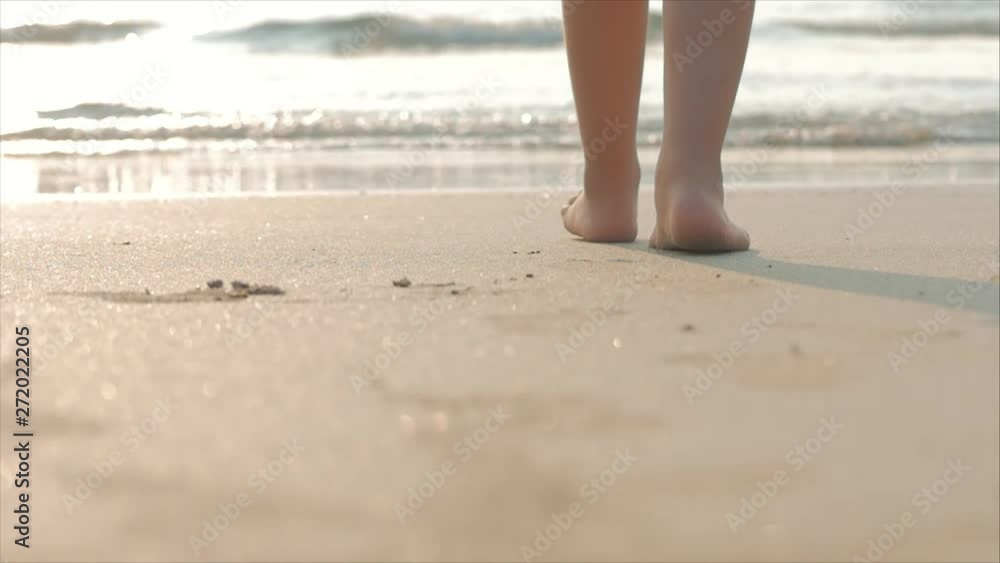 Silhouette of children's Feet walking on wet sand in along a tropical beach on a tropical ocean background. Concept: Children, Happy Childhood, Summer, Child, Vacation. Soft focus. Silhouette of children's Feet walking on wet sand in along a tropical beach on a tropical ocean background. Concept: Children, Happy Childhood, Summer, Child, Vacation. Soft focus.