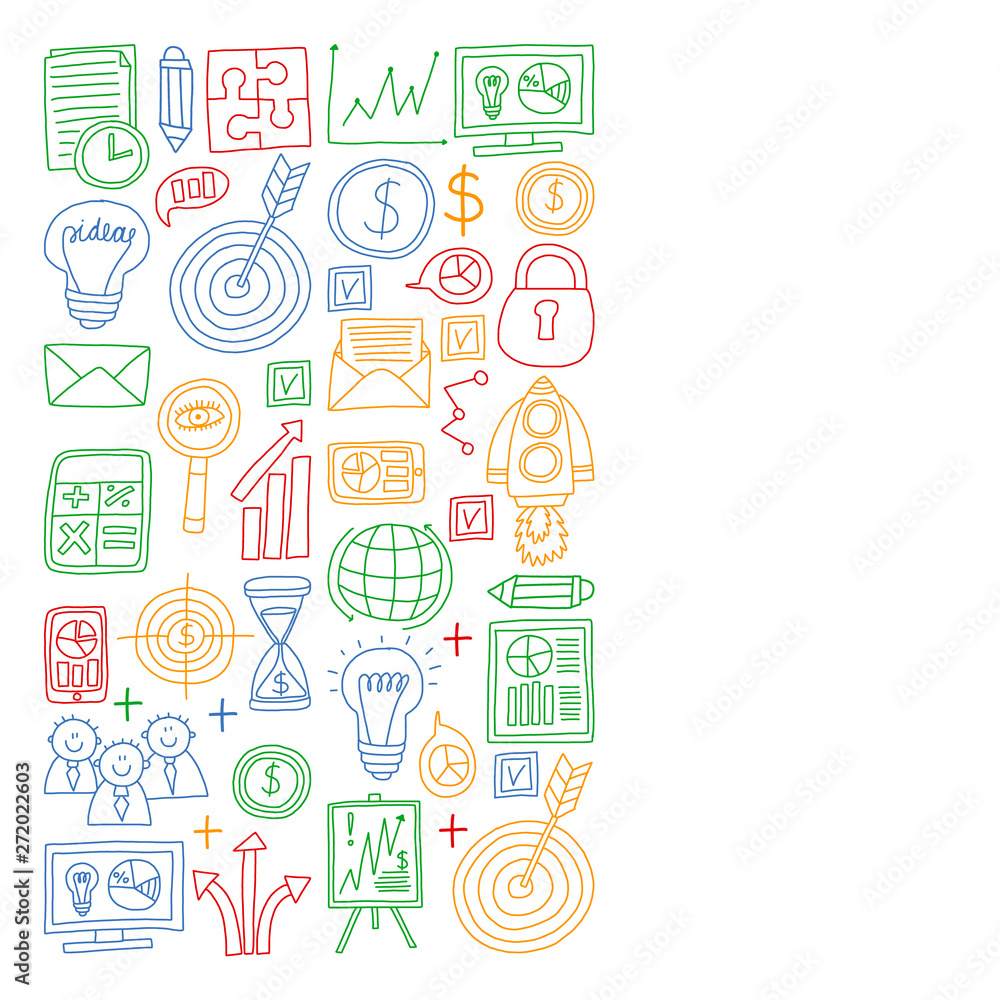 Vector set of bussines icons in doodle style. colorful pictures on a piece of paper on white background. Vector set of bussines icons in doodle style. colorful pictures on a piece of paper on white background.