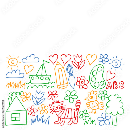 Kindergarten pattern, drawn kids garden elements pattern, doodle drawing, vector illustration, colorful.