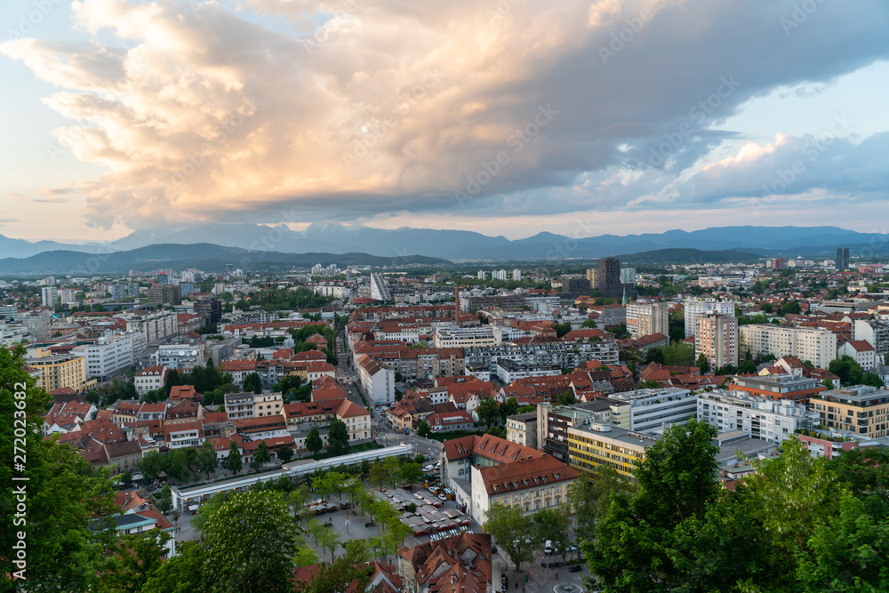 Ljubljana, the capital of Slovenia, viewed from Ljubljana Castle. At the sunset