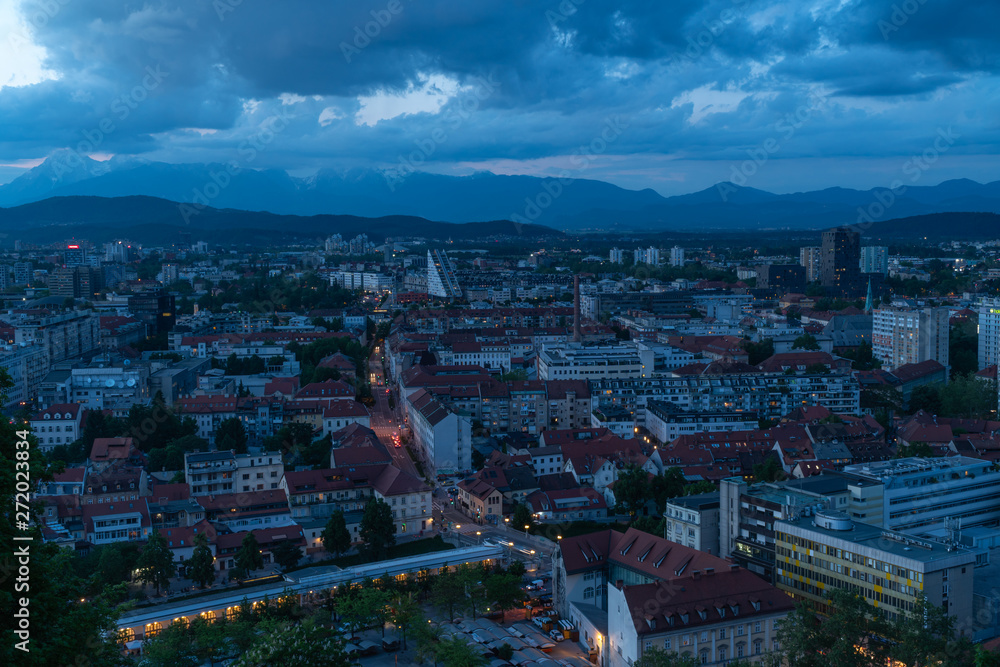 Ljubljana, the capital of Slovenia, viewed from Ljubljana Castle. At blue hour