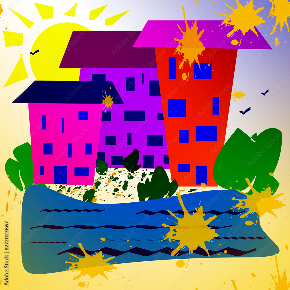 Abstract simple image. Sunny day, houses near a reservoir, plants. The whole picture is spattered with yellow and orange blots. Abstract simple image. Sunny day, houses near a reservoir, plants. The whole picture is spattered with yellow and orange blots.