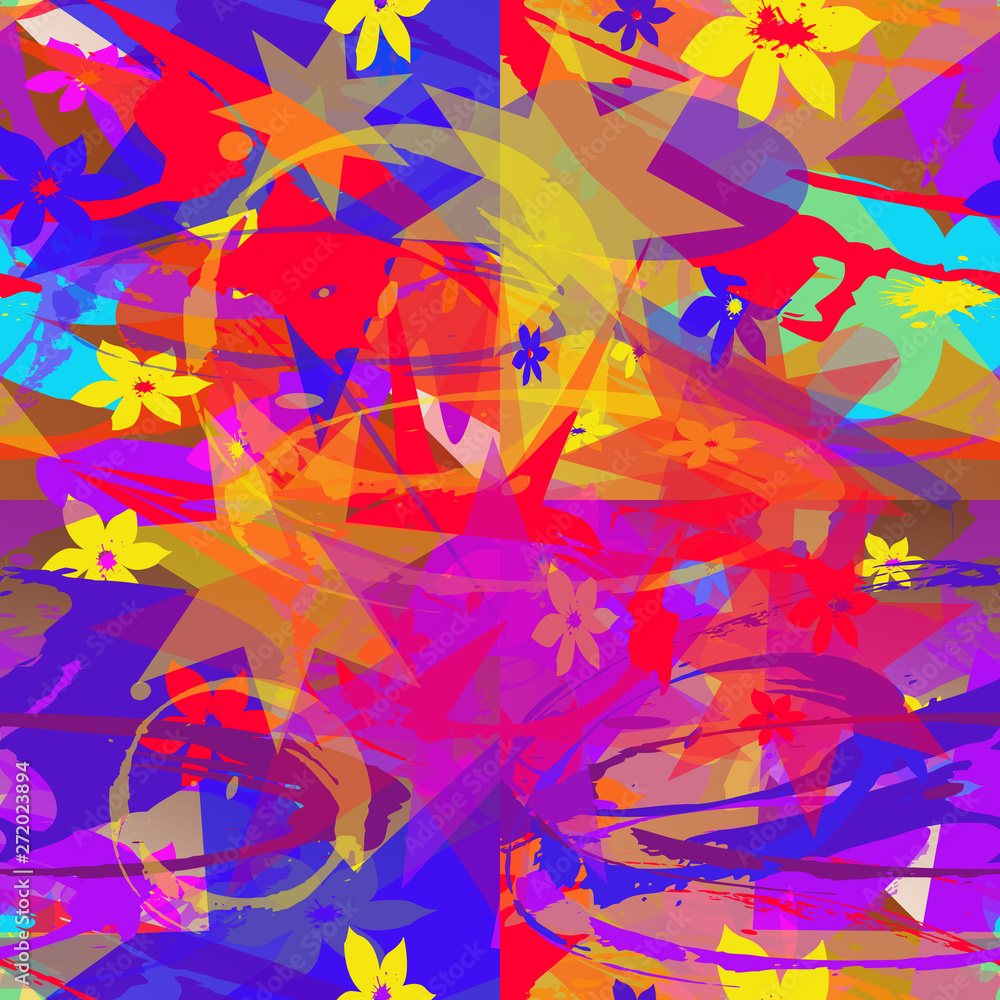 Seamless abstract pattern of multicolored elements in the form of flowers, stars, lines, spots. Bright colors that create a holiday mood. Seamless abstract pattern of multicolored elements in the form of flowers, stars, lines, spots. Bright colors that create a holiday mood.