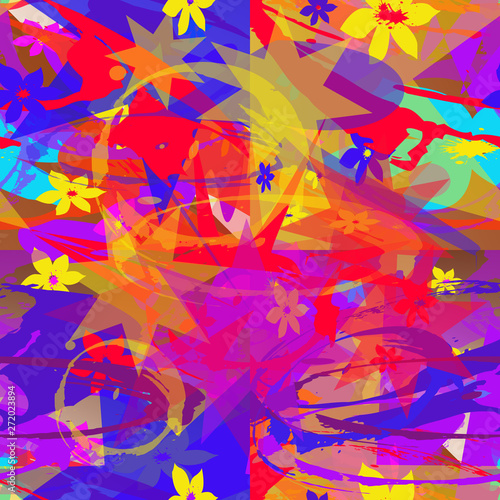 Seamless abstract pattern of multicolored elements in the form of flowers  stars  lines  spots. Bright colors that create a holiday mood.