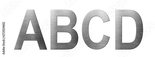 Metal font english alphabet. Letter ABCD from a metal plate isolated on a white background.