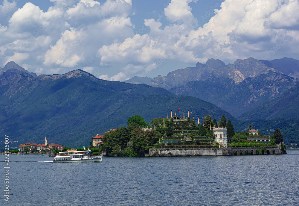ferry sailing in front of the Borromean islands on Lake Maggiore. Stresa - Italy