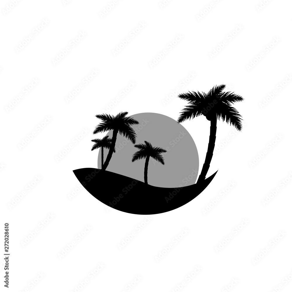 Obraz premium Island icon, palm trees with sun, flat design template, vector illustration