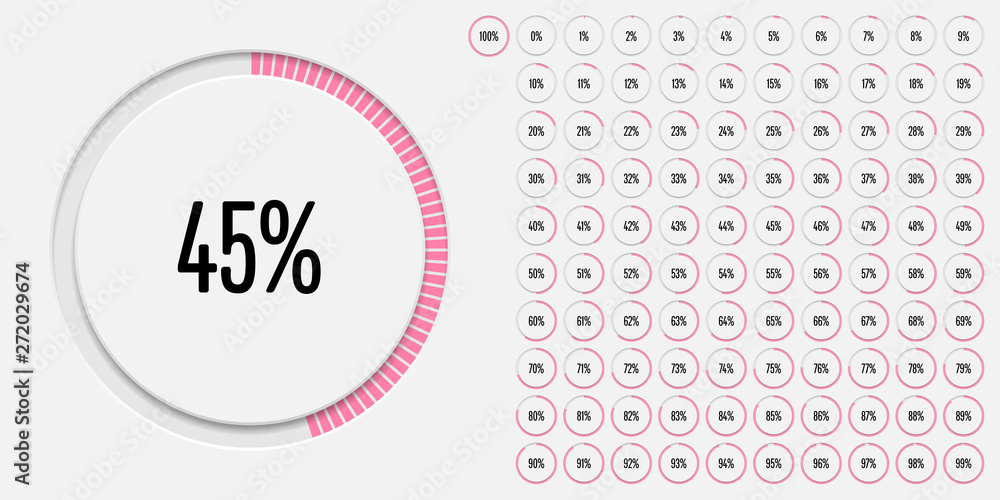 Set of circle percentage diagrams (meters) from 0 to 100 ready-to-use for web design, user interface (UI) or infographic - indicator with pink - 3d concept