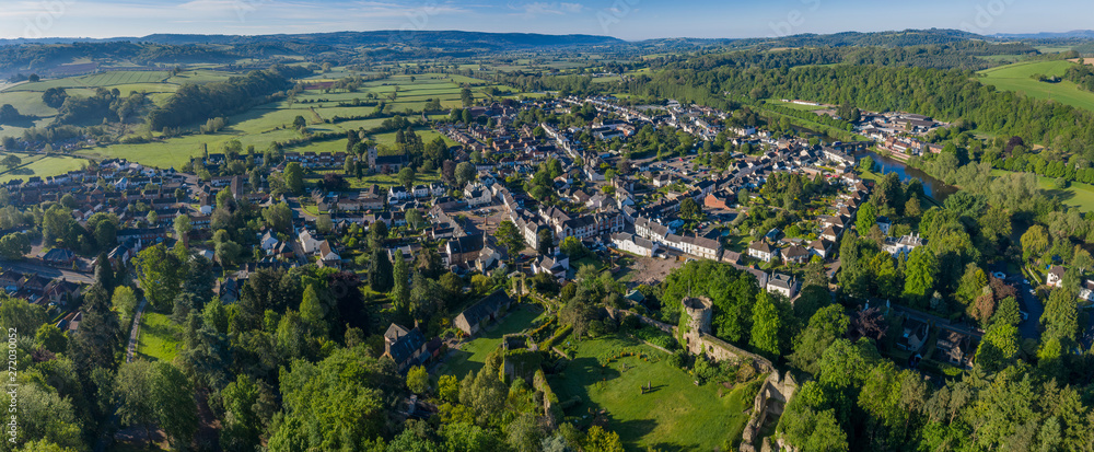 Panoramic view of the picturesque town of Usk in South Wales, with the castle clearly dominating the town on the right hand side