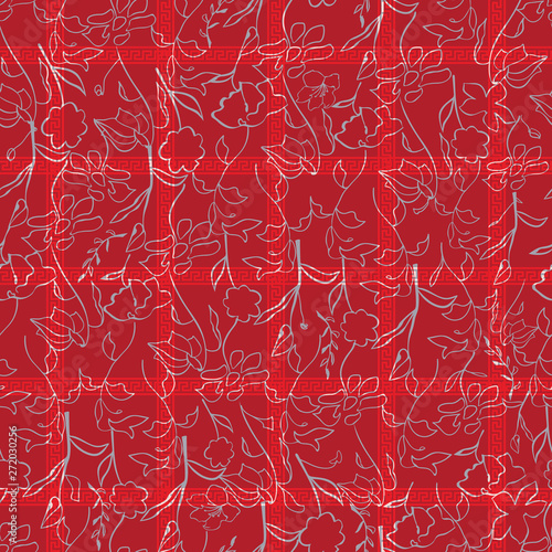 SEAMLESS COLORED ORNATE PATTERN WITH FLORAL ELEMENTS AND GEOMETRIC TRADITIONAL ORNAMENTS. VECTOR TEMPLATE FOR FABRIC, WALLPAPER, TILE, WRAPPING, COVERS AND CARPETS.