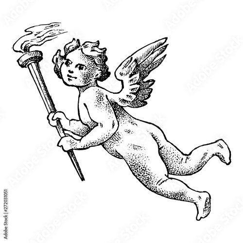 Cute angel with a fiery torch. Small aesthetic Cupid with wings fly  in the sky. Children in Monochrome engraved style. Template for tattoo or logo. Hand drawn vintage sketch.