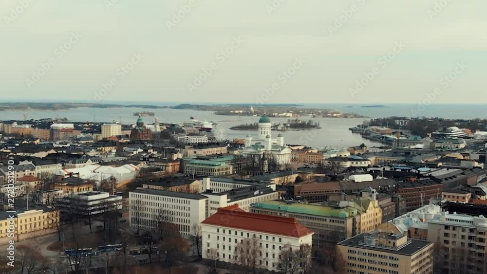Aerial drone shot flying towards the Helsinki Landmark Aerial drone shot flying towards the Helsinki Landmark