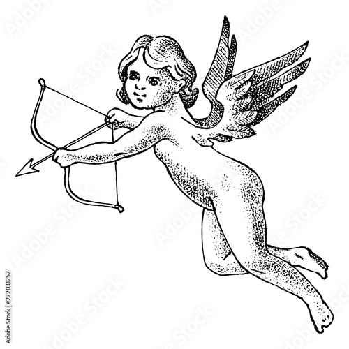 Cute angel with arrows and bow. Small aesthetic Cupids with wings fly in the sky. Children in Monochrome engraved style. Template for tattoo or logo. Hand drawn vintage sketch.