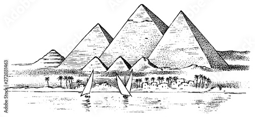 Seven Wonders of the Ancient World. Great Pyramid of Giza. The great construction of the Greeks. Hand drawn engraved vintage sketch.