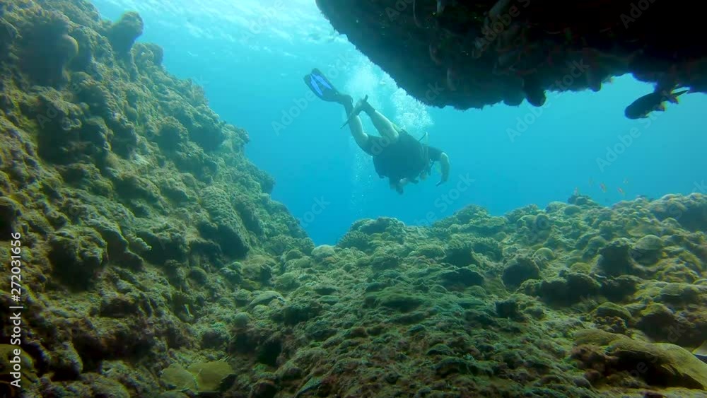 Low Angle Shot. Scuba Divers Swimming Out Of Underwater Cave With School Of Fish. 60FPS 4K Low Angle Shot. Scuba Divers Swimming Out Of Underwater Cave With School Of Fish. 60FPS 4K