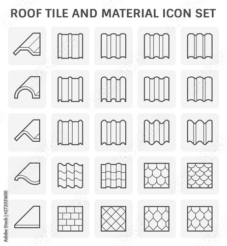 Roof tile vector icon. Consist of many shape and texture surface i.e. wave, wavy and sheet. Many material i.e. clay, metal, ceramic, terracotta, steel and shingle. For house cover and construction.