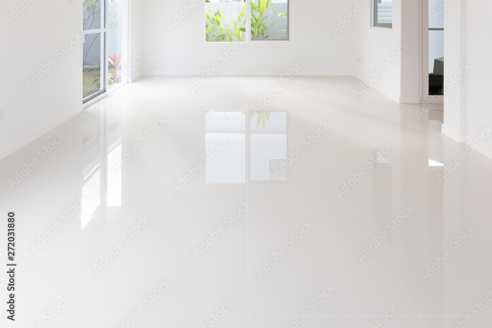 White tile floor background in perspective view. Clean, shiny, symmetry with grid line texture. For decoration in bathroom, kitchen and laundry room. And empty or copy space for product display also. - obrazy, fototapety, plakaty 