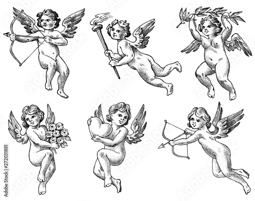 Cute angels with arrows and bow. Small aesthetic Cupids with wings fly with hearts and flowers in the sky. Set of children in Monochrome engraved style. Hand drawn vintage sketch. photo