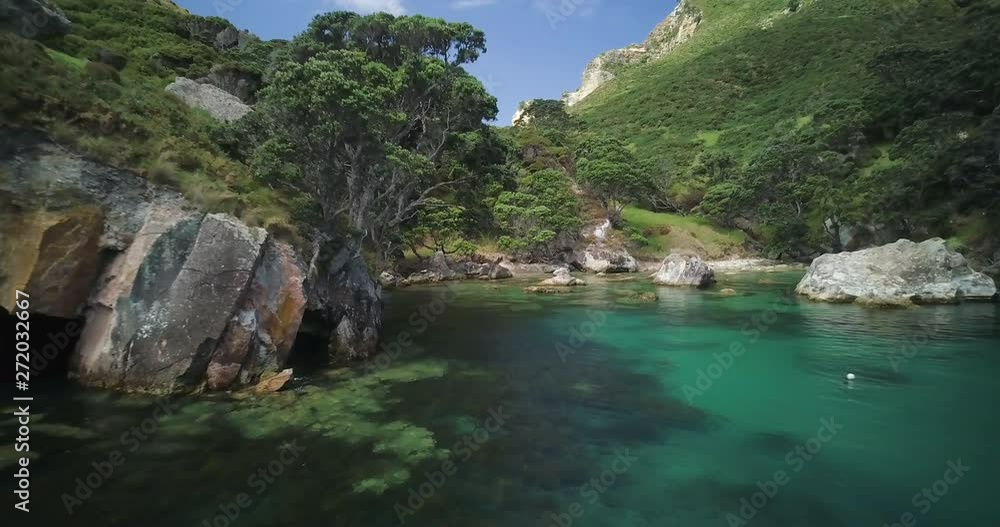 Low altitude dolly drone shot of subtropical cove along the headland of Rakitu Island Low altitude dolly drone shot of subtropical cove along the headland of Rakitu Island