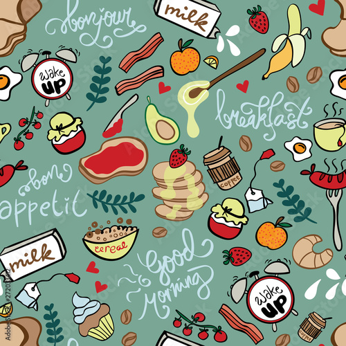 Seamless pattern with hand drawn breakfast meal and lettering. Design for menu, banner, site header, wallpaper, wrapping, fabric, textile, scrapbook or packaging for cafe, restaurant or bakery shop.